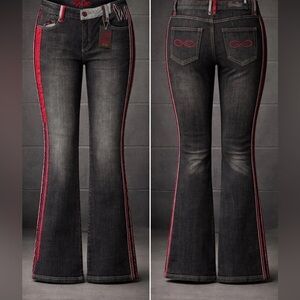 Lady Enyce Y2K Low Rise Flare Jeans Women’s Black Red Satin Trim Deadstock NWT